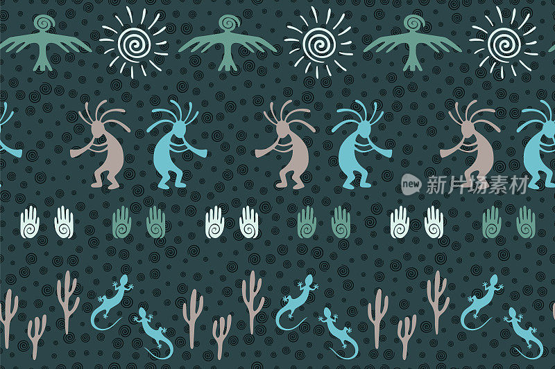 Folk, design with lizard, Kokopelli fertility deity, sun, eagle, cacti.